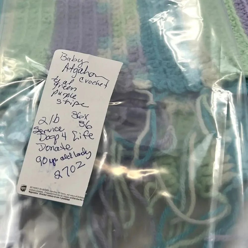 SKU2702 Handmade Baby Afghan Blanket 36x36 Purple Teal Green White Crochet